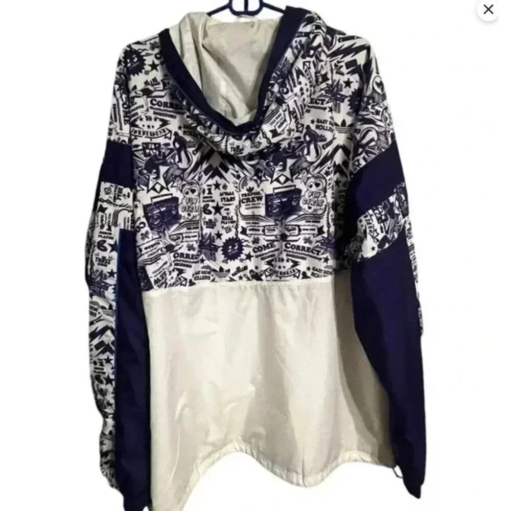 RARE Adidas XL Mens Graphic Hoodie Jacket In Purple & White Polyester With Draws
